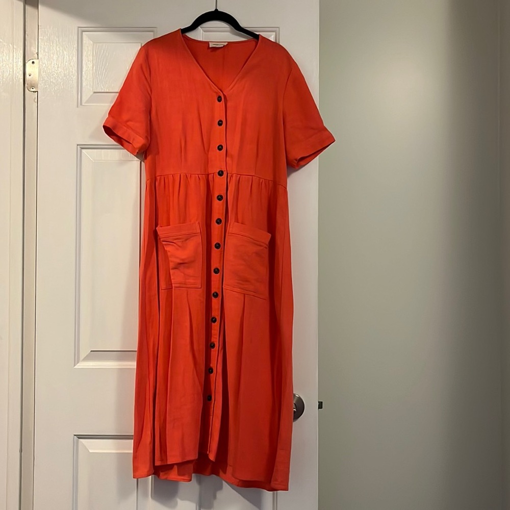 Coral Button Front Midi Dress